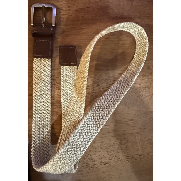 Mens Stretch Woven Belt L Khaki Brown Adjustable Leather Trim Golf Classic USA - Picture 5 of 6